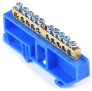 Smartbuy Шина N "Ноль" (нул.) (латунь) 6х9мм, синий изолятор на DIN-рейку, 10 отв. SBE-bc-10-dr