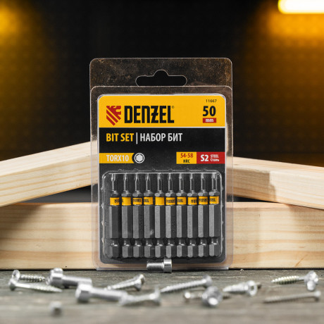 Бита TX 10х50, сталь S2, шестигранный профиль, 10 шт. Е 6,3 Denzel