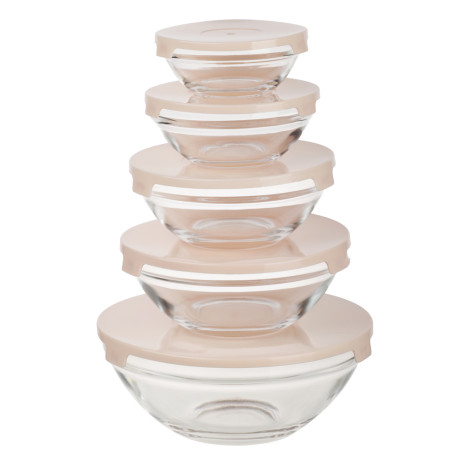 MILLIMI Набор салатников с крышкой 5 шт: 900/ 500/350/200/130 мл, стекло, пластик, бежевый