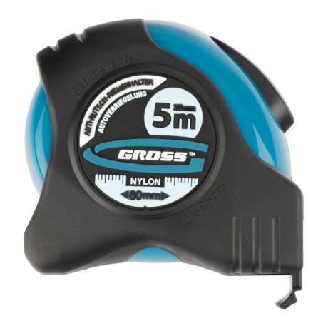 Рулетка "Schlagfest",5 м x 25 мм,магнитный обрезиненный зацеп,двусторонняя шкала,Нейлоновое покрытие,автоматическая фиксация Gross