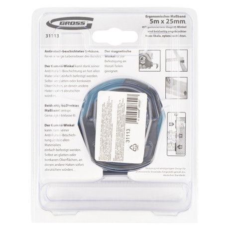 Рулетка "Schlagfest",5 м x 25 мм,магнитный обрезиненный зацеп,двусторонняя шкала,Нейлоновое покрытие,автоматическая фиксация Gross