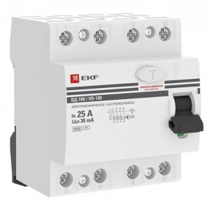 EKF PROxima выкл. дифферинциальный (УЗО) ВД-100 4P 25А 30мА, тип AC 4,5кА эл-мех elcb-4-25-30-em-pro