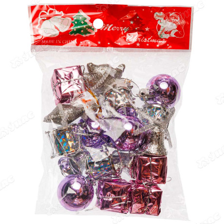 Набор елочных украшений G010 18шт 3см Микс (шар, барабаны, колокольчики, подарки, дед мороз) сиреневый (480)