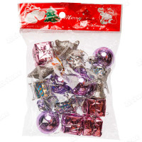 Набор елочных украшений G010 18шт 3см Микс (шар, барабаны, колокольчики, подарки, дед мороз) сиреневый (480)