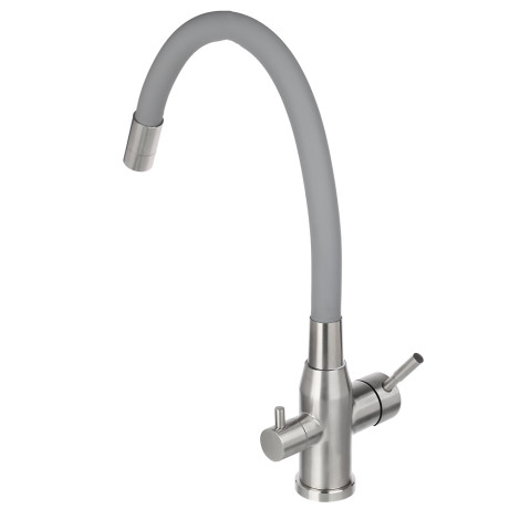 СоюзКран Смеситель для кухни с выводом пит. воды, силиконовый излив, серый, нерж.сталь, SS01-С132