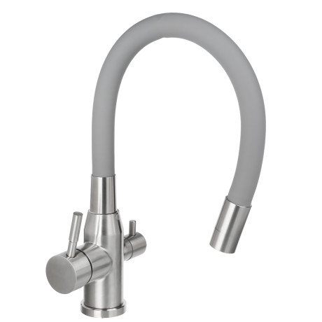 СоюзКран Смеситель для кухни с выводом пит. воды, силиконовый излив, серый, нерж.сталь, SS01-С132