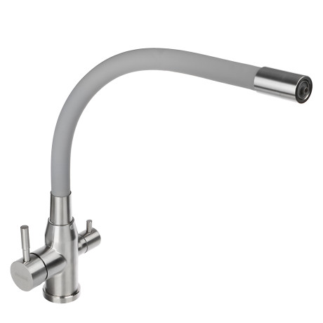 СоюзКран Смеситель для кухни с выводом пит. воды, силиконовый излив, серый, нерж.сталь, SS01-С132