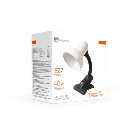 BY Светильник на прищепке, E27, 40 Вт, 230 В, гнущаяся ножка 10 см, шнур 75 см, белый