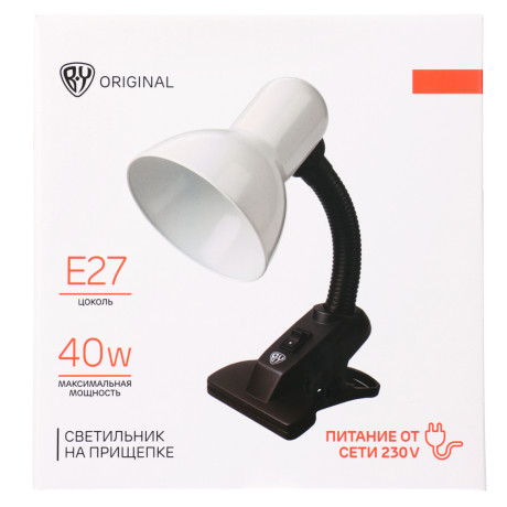 BY Светильник на прищепке, E27, 40 Вт, 230 В, гнущаяся ножка 10 см, шнур 75 см, белый