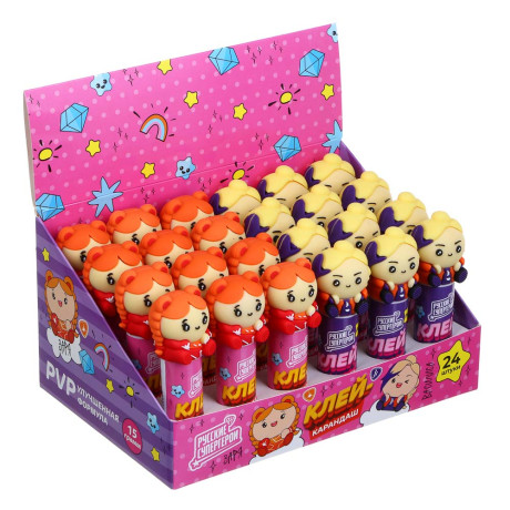 BY Русские Супергерои Клей - карандаш с фигур.колпачком, 15 грамм, PVP, "Девочки", 2 дизайна