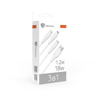 BY Кабель для зарядки Base 3 в 1 USB(A)-Type-C/microUSB/iP, 18W, 1,2 м, 3A, PVC, белый