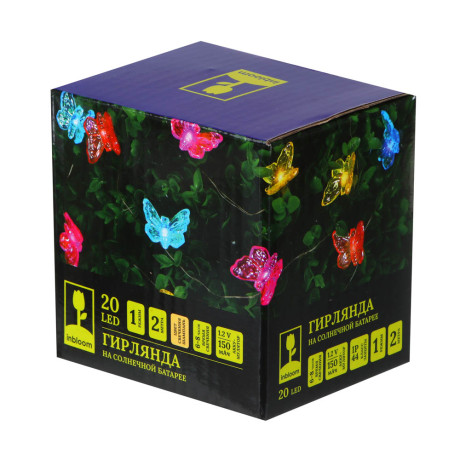 INBLOOM Гирлянда на солн.батарее Бабочки 2м, 20LED, шампань, 1.2V 2/3AAA 150mAh Ni-Cd, пластик