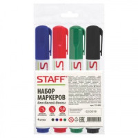 Маркеры д/доски STAFF, НАБОР 4 шт. АССОРТИ (черный, синий, красный, зеленый) клип, кругл. 5мм 151495