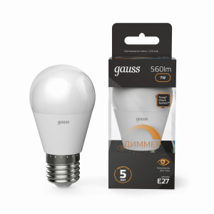 Gauss лампа Шар G45 E27 7W(560lm) 3000K 2K 78x45 диммир. матовая, пластик/алюм. 105102107-D