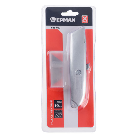 ЕРМАК Нож, 19 мм, выдвижное трапециевидное лезвие, металлический корпус, комплект 5 лезвий