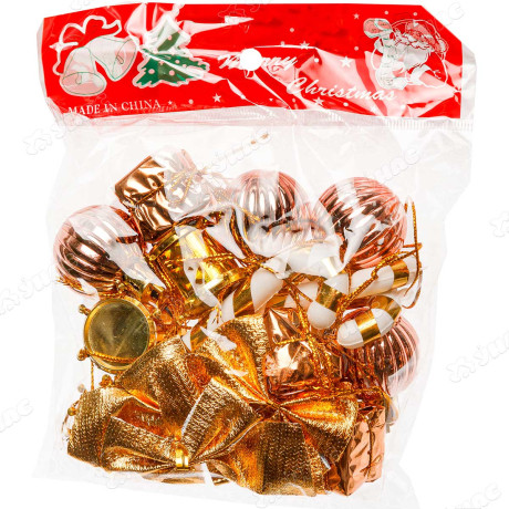 Набор елочных украшений G011 18шт 3см микс (подарки,барабаны,леденцы,шарики,колокольчик, шишки) золотой (480)