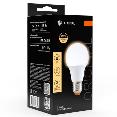 Лампа светодиодная BY A60 14 Вт, E27, 1260 Лм, 3000 K, 175-265 В, Ra>80, IRF <5%,IC, 2 года гар.
