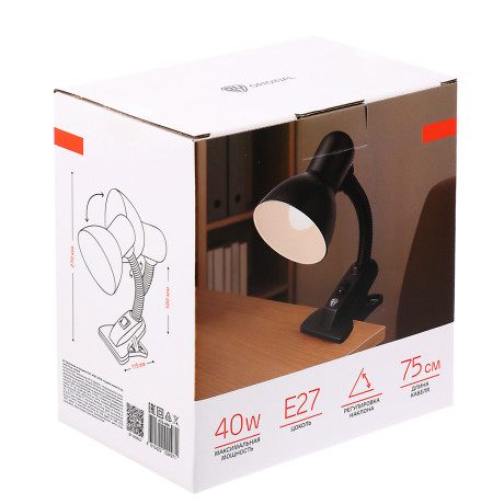 BY Светильник на прищепке, E27, 40 Вт, 230 В, гнущаяся ножка 10 см, шнур 75 см, черный