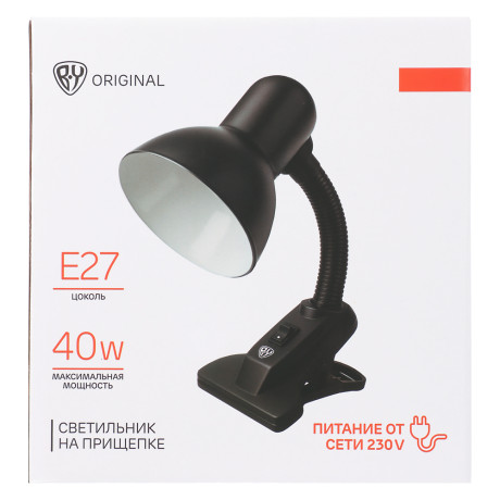BY Светильник на прищепке, E27, 40 Вт, 230 В, гнущаяся ножка 10 см, шнур 75 см, черный