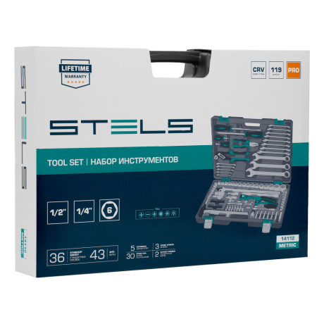 Набор инструментов, 1/4", 1/2", Cr-V, S2, усиленный кейс, 119 предметов Stels