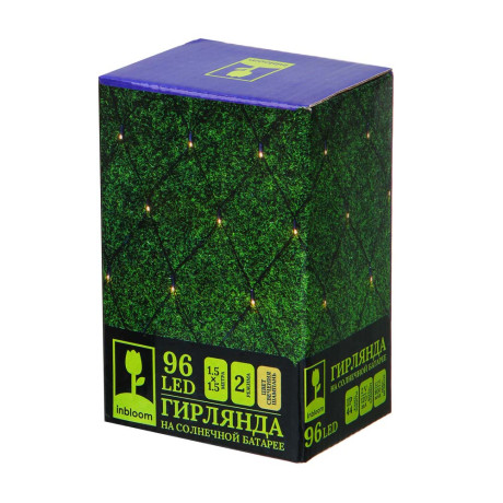 INBLOOM Гирлянда эл. сеть на солн. батарее, 96LED,1.5х1.5м,шампань,2 реж, ПВХ зел,2V120mA, 1.2V800mA