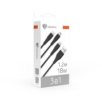 BY Кабель для зарядки Base 3 в 1 USB(A)-Type-C/microUSB/iP, 18W, 1,2 м, 3A, PVC, чёрный