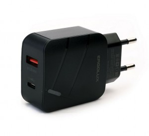 Сет.адаптер/зарядник/блок пит. USB+Type-C 100-220V, 5-9V/3A QC ERGOLUX ELX-РA01QC-C02 черн, коробка