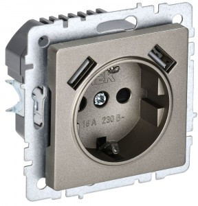 IEK BRITE мех. роз. СУ земля, штор. 16А с USB A+A 3,1А РЮш10-2-БрШ, шампань BR-R14-16-U21-D31-K37