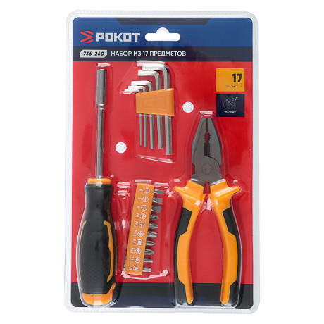 РОКОТ Набор 17 предметов, отвертка под биты, 10 бит, 5 шестигранников, пассатижи 150мм