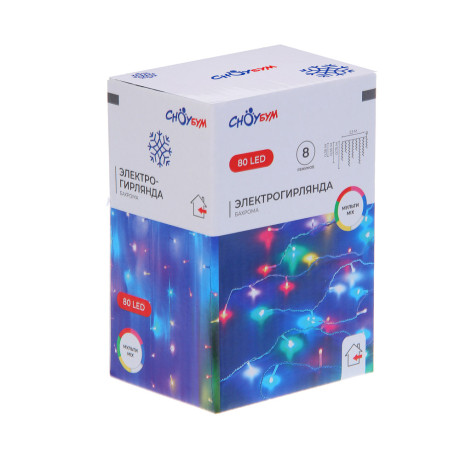 СНОУ БУМ Гирлянда эл. бахрома 2.5x0.35х0.55x0.75м, 80LED,мульти MIX, 8 реж, ПВХ белый, коннект, 220В