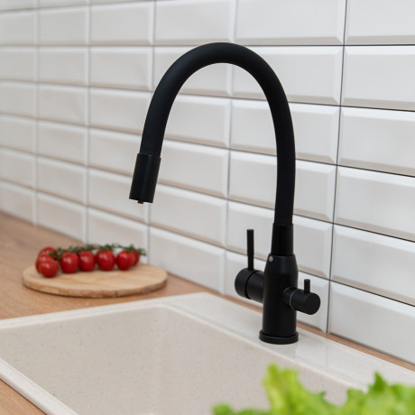 СоюзКран Смеситель для кухни с выводом пит. воды, силиконовый излив, черный, нерж.сталь, SS01-С132