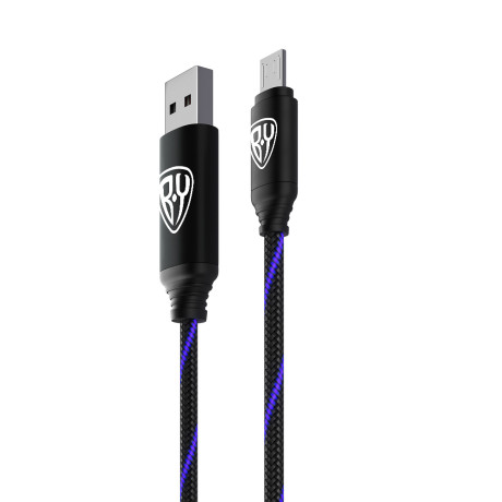 BY Кабель для зарядки Армированный Micro USB, 1м, 3А, Быстрая зарядка QC3.0, LED подсветка синяя