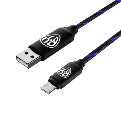 BY Кабель для зарядки Армированный Micro USB, 1м, 3А, Быстрая зарядка QC3.0, LED подсветка синяя