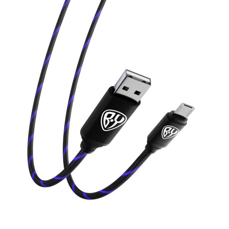 BY Кабель для зарядки Армированный Micro USB, 1м, 3А, Быстрая зарядка QC3.0, LED подсветка синяя