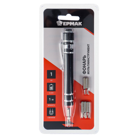 ЕРМАК Фонарь-мультиинструмент, с клипсой для крепления, 6 отверток, 4xLR41, 12,8х1,6см