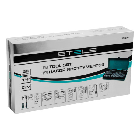 Набор торцевых головок с трещоткой, 1/4", 26 предметов Stels