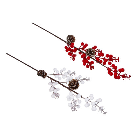 СНОУ БУМ Ветка с ягодами и шишками флокированная 61 см, металл, пластик, 2 цвета