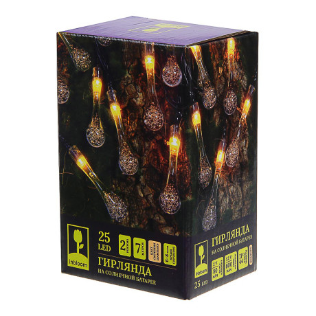 INBLOOM Гирлянда на солн.батарее Капля, 25LED, 7м, шампань, 2 реж, ПВХ зел, 2V80mA, 1.2V600mAh