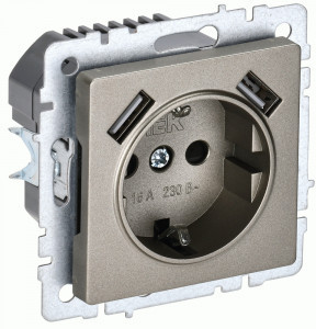 IEK BRITE мех. роз. СУ земля, штор. 16А с USB A+A 2,1А РЮш10-1-БрШ, шампань BR-R14-16-U21-D21-K37