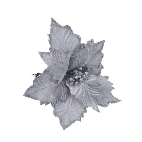 СНОУ БУМ Цветок Пуансеттия на клипсе 25 см, металл, полиэстер, глиттер, серебро