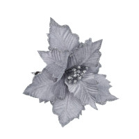 СНОУ БУМ Цветок Пуансеттия на клипсе 25 см, металл, полиэстер, глиттер, серебро