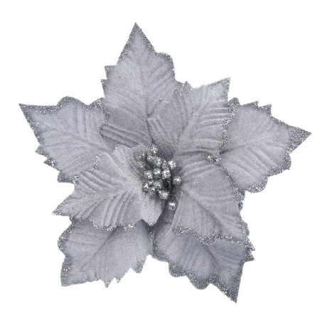 СНОУ БУМ Цветок Пуансеттия на клипсе 25 см, металл, полиэстер, глиттер, серебро