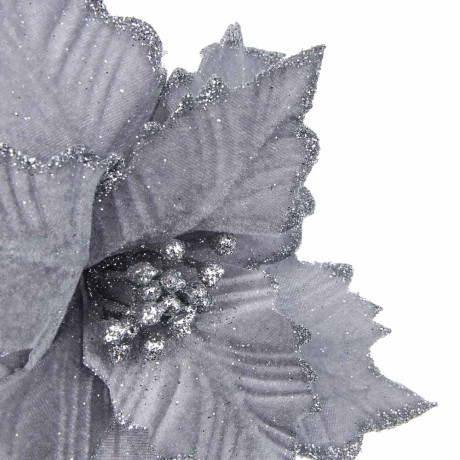 СНОУ БУМ Цветок Пуансеттия на клипсе 25 см, металл, полиэстер, глиттер, серебро