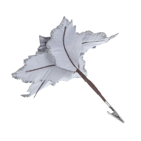 СНОУ БУМ Цветок Пуансеттия на клипсе 25 см, металл, полиэстер, глиттер, серебро