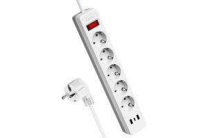 КОСМОС сет. удл.-фильтр ПВС 3х0.75 5роз.+ 2 USB 2.1А 1.8м 10А белый,земля,выкл.FKsm1.8m-5g(W)USB