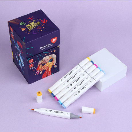 BY Русские Супергерои Маркеры худож., 36цв., 2-стор. (круг./кисточка), коробка-подставка на магните