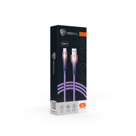 BY Кабель для зарядки Jam Type-C, 1м, Быстрая зарядка 3А, QC, PD 20W, тканевый, фиолетовый