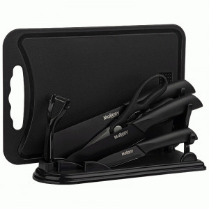 Набор кухонный 7 предм COLTELLO NERO (3ножа,ножниц,овощеч,разд.доска,подст)сталь/пласт310890 Mallony