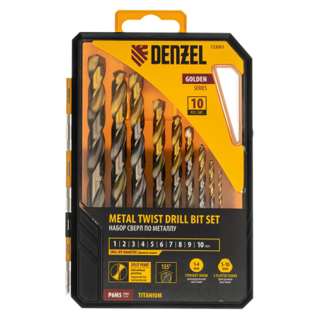 Набор сверл по металлу, 1-10 мм, Р6М5-TiN, Golden Tip, 10 шт Denzel