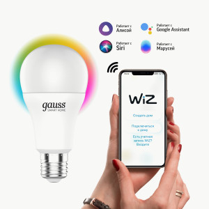 Gauss лампа ЛОН A60 E27 10W(1055lm) 2K-4K-6K диммир RGBW матов., пластик Wi-Fi Smart Home 1180112